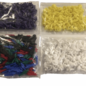 Four bags of colorful LEGO pieces in purple, yellow, multicolor, and white.