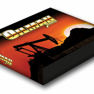 Oilman game packaging with orange sunset